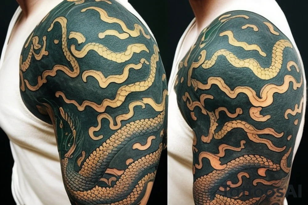 Shoulder sleeve tattoo

The dragon: The dragon is a Japanese-style dragon with a long, serpentine body and sharp claws. Its scales are dark green with gold accents, and it has large, expressive eyes. The dragon's head is perched on your shoulder, and its body wraps around your arm in a spiral. The dragon's mouth is open, as if it is roaring, and its tongue curls around your bicep.

The landscape: The dragon is set against a backdrop of snow-capped mountains, pine trees, and a blue sky. The mountains are in the distance, with the tallest peak in the center of the design. The trees are scattered throughout the landscape, and the snow is piled high on the ground. The sky is clear and bright, with a few wispy clouds.

The details: The dragon's scales are highly detailed, with intricate patterns and shading to give them depth and dimension. The claws are sharp and menacing, and the eyes are expressive and lifelike. The mountains and trees in the background are also highly detailed, with shading and texture to make them look realistic. The snow is also highly detailed, with each flake outlined to give it a crystalline appearance.

The colors: The dragon's scales are primarily dark green, with gold accents on the edges of the scales and around the eyes. The mountains are a pale blue-gray, and the trees are various shades of green. The snow is pure white, with shading to give it depth.

The movement: The dragon's body curves around your arm in a spiral, with its head and tail meeting at your shoulder. The movement of the dragon is causing the snow on the ground to spray up in a dramatic fashion, adding to the dynamic nature of the design. tattoo idea