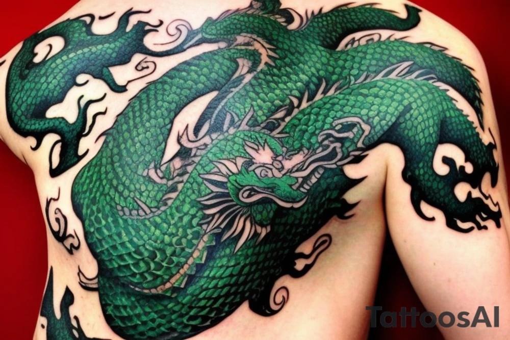 Shoulder sleeve tattoo

The dragon: The dragon is a Japanese-style dragon with a long, serpentine body and sharp claws. Its scales are dark green with gold accents, and it has large, expressive eyes. The dragon's head is perched on your shoulder, and its body wraps around your arm in a spiral. The dragon's mouth is open, as if it is roaring, and its tongue curls around your bicep.

The landscape: The dragon is set against a backdrop of snow-capped mountains, pine trees, and a blue sky. The mountains are in the distance, with the tallest peak in the center of the design. The trees are scattered throughout the landscape, and the snow is piled high on the ground. The sky is clear and bright, with a few wispy clouds.

The details: The dragon's scales are highly detailed, with intricate patterns and shading to give them depth and dimension. The claws are sharp and menacing, and the eyes are expressive and lifelike. The mountains and trees in the background are also highly detailed, with shading and texture to make them look realistic. The snow is also highly detailed, with each flake outlined to give it a crystalline appearance.

The colors: The dragon's scales are primarily dark green, with gold accents on the edges of the scales and around the eyes. The mountains are a pale blue-gray, and the trees are various shades of green. The snow is pure white, with shading to give it depth.

The movement: The dragon's body curves around your arm in a spiral, with its head and tail meeting at your shoulder. The movement of the dragon is causing the snow on the ground to spray up in a dramatic fashion, adding to the dynamic nature of the design. tattoo idea