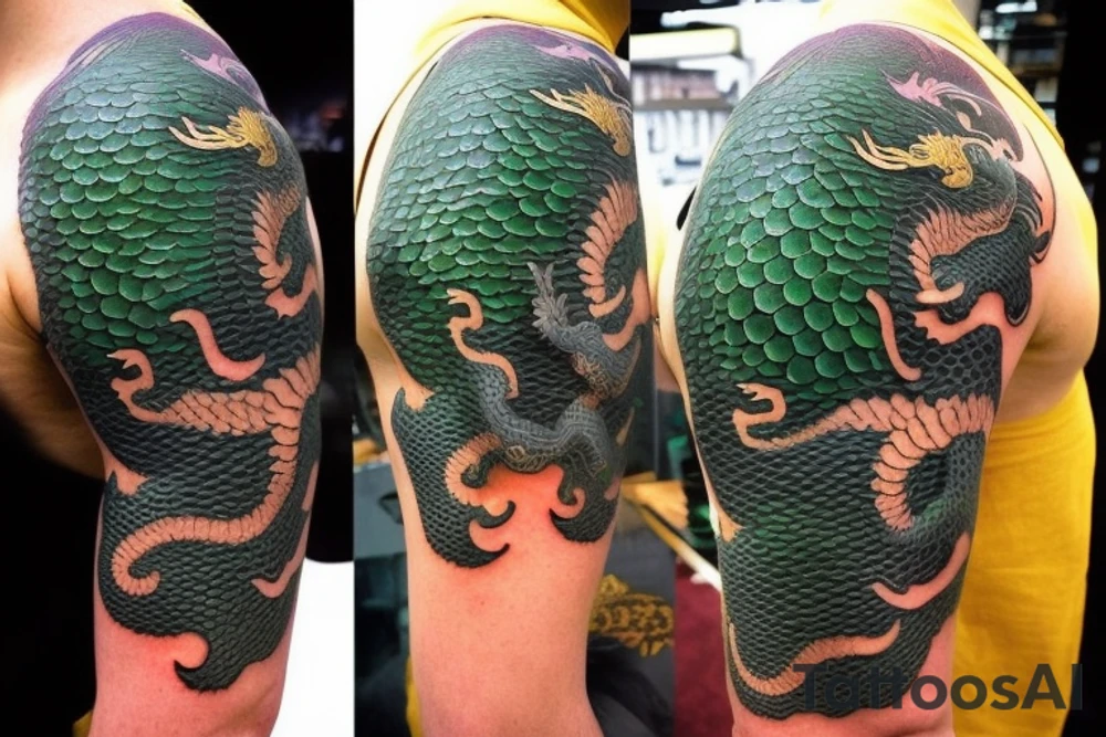 Shoulder sleeve tattoo

The dragon: The dragon is a Japanese-style dragon with a long, serpentine body and sharp claws. Its scales are dark green with gold accents, and it has large, expressive eyes. The dragon's head is perched on your shoulder, and its body wraps around your arm in a spiral. The dragon's mouth is open, as if it is roaring, and its tongue curls around your bicep.

The landscape: The dragon is set against a backdrop of snow-capped mountains, pine trees, and a blue sky. The mountains are in the distance, with the tallest peak in the center of the design. The trees are scattered throughout the landscape, and the snow is piled high on the ground. The sky is clear and bright, with a few wispy clouds.

The details: The dragon's scales are highly detailed, with intricate patterns and shading to give them depth and dimension. The claws are sharp and menacing, and the eyes are expressive and lifelike. The mountains and trees in the background are also highly detailed, with shading and texture to make them look realistic. The snow is also highly detailed, with each flake outlined to give it a crystalline appearance.

The colors: The dragon's scales are primarily dark green, with gold accents on the edges of the scales and around the eyes. The mountains are a pale blue-gray, and the trees are various shades of green. The snow is pure white, with shading to give it depth.

The movement: The dragon's body curves around your arm in a spiral, with its head and tail meeting at your shoulder. The movement of the dragon is causing the snow on the ground to spray up in a dramatic fashion, adding to the dynamic nature of the design. tattoo idea