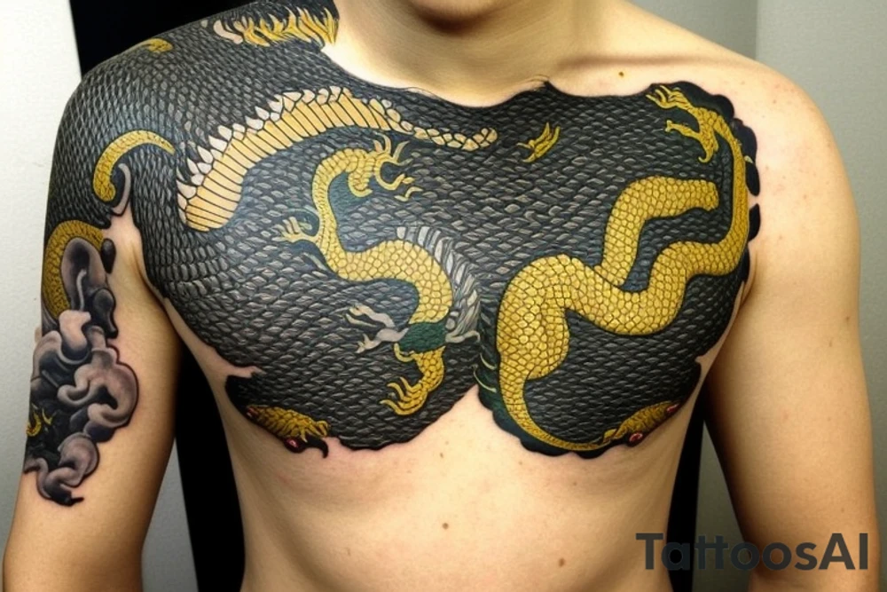 Shoulder sleeve tattoo

The dragon: The dragon is a Japanese-style dragon with a long, serpentine body and sharp claws. Its scales are dark green with gold accents, and it has large, expressive eyes. The dragon's head is perched on your shoulder, and its body wraps around your arm in a spiral. The dragon's mouth is open, as if it is roaring, and its tongue curls around your bicep.

The landscape: The dragon is set against a backdrop of snow-capped mountains, pine trees, and a blue sky. The mountains are in the distance, with the tallest peak in the center of the design. The trees are scattered throughout the landscape, and the snow is piled high on the ground. The sky is clear and bright, with a few wispy clouds.

The details: The dragon's scales are highly detailed, with intricate patterns and shading to give them depth and dimension. The claws are sharp and menacing, and the eyes are expressive and lifelike. The mountains and trees in the background are also highly detailed, with shading and texture to make them look realistic. The snow is also highly detailed, with each flake outlined to give it a crystalline appearance.

The colors: The dragon's scales are primarily dark green, with gold accents on the edges of the scales and around the eyes. The mountains are a pale blue-gray, and the trees are various shades of green. The snow is pure white, with shading to give it depth.

The movement: The dragon's body curves around your arm in a spiral, with its head and tail meeting at your shoulder. The movement of the dragon is causing the snow on the ground to spray up in a dramatic fashion, adding to the dynamic nature of the design. tattoo idea