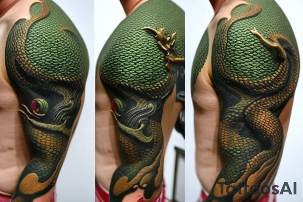 Shoulder sleeve tattoo

The dragon: The dragon is a Japanese-style dragon with a long, serpentine body and sharp claws. Its scales are dark green with gold accents, and it has large, expressive eyes. The dragon's head is perched on your shoulder, and its body wraps around your arm in a spiral. The dragon's mouth is open, as if it is roaring, and its tongue curls around your bicep.

The landscape: The dragon is set against a backdrop of snow-capped mountains, pine trees, and a blue sky. The mountains are in the distance, with the tallest peak in the center of the design. The trees are scattered throughout the landscape, and the snow is piled high on the ground. The sky is clear and bright, with a few wispy clouds.

The details: The dragon's scales are highly detailed, with intricate patterns and shading to give them depth and dimension. The claws are sharp and menacing, and the eyes are expressive and lifelike. The mountains and trees in the background are also highly detailed, with shading and texture to make them look realistic. The snow is also highly detailed, with each flake outlined to give it a crystalline appearance.

The colors: The dragon's scales are primarily dark green, with gold accents on the edges of the scales and around the eyes. The mountains are a pale blue-gray, and the trees are various shades of green. The snow is pure white, with shading to give it depth.

The movement: The dragon's body curves around your arm in a spiral, with its head and tail meeting at your shoulder. The movement of the dragon is causing the snow on the ground to spray up in a dramatic fashion, adding to the dynamic nature of the design. tattoo idea