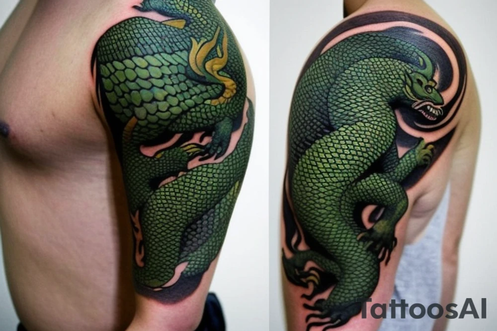 Shoulder sleeve tattoo

The dragon: The dragon is a Japanese-style dragon with a long, serpentine body and sharp claws. Its scales are dark green with gold accents, and it has large, expressive eyes. The dragon's head is perched on your shoulder, and its body wraps around your arm in a spiral. The dragon's mouth is open, as if it is roaring, and its tongue curls around your bicep.

The landscape: The dragon is set against a backdrop of snow-capped mountains, pine trees, and a blue sky. The mountains are in the distance, with the tallest peak in the center of the design. The trees are scattered throughout the landscape, and the snow is piled high on the ground. The sky is clear and bright, with a few wispy clouds.

The details: The dragon's scales are highly detailed, with intricate patterns and shading to give them depth and dimension. The claws are sharp and menacing, and the eyes are expressive and lifelike. The mountains and trees in the background are also highly detailed, with shading and texture to make them look realistic. The snow is also highly detailed, with each flake outlined to give it a crystalline appearance.

The colors: The dragon's scales are primarily dark green, with gold accents on the edges of the scales and around the eyes. The mountains are a pale blue-gray, and the trees are various shades of green. The snow is pure white, with shading to give it depth.

The movement: The dragon's body curves around your arm in a spiral, with its head and tail meeting at your shoulder. The movement of the dragon is causing the snow on the ground to spray up in a dramatic fashion, adding to the dynamic nature of the design. tattoo idea