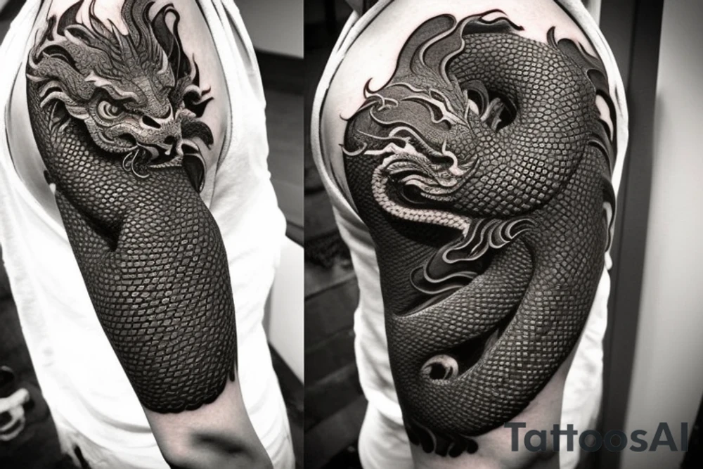 Shoulder sleeve tattoo

The dragon: The dragon is a Japanese-style dragon with a long, serpentine body and sharp claws. Its scales are dark green with gold accents, and it has large, expressive eyes. The dragon's head is perched on your shoulder, and its body wraps around your arm in a spiral. The dragon's mouth is open, as if it is roaring, and its tongue curls around your bicep.

The landscape: The dragon is set against a backdrop of snow-capped mountains, pine trees, and a blue sky. The mountains are in the distance, with the tallest peak in the center of the design. The trees are scattered throughout the landscape, and the snow is piled high on the ground. The sky is clear and bright, with a few wispy clouds.

The details: The dragon's scales are highly detailed, with intricate patterns and shading to give them depth and dimension. The claws are sharp and menacing, and the eyes are expressive and lifelike. The mountains and trees in the background are also highly detailed, with shading and texture to make them look realistic. The snow is also highly detailed, with each flake outlined to give it a crystalline appearance.

The colors: The dragon's scales are primarily dark green, with gold accents on the edges of the scales and around the eyes. The mountains are a pale blue-gray, and the trees are various shades of green. The snow is pure white, with shading to give it depth.

The movement: The dragon's body curves around your arm in a spiral, with its head and tail meeting at your shoulder. The movement of the dragon is causing the snow on the ground to spray up in a dramatic fashion, adding to the dynamic nature of the design. tattoo idea