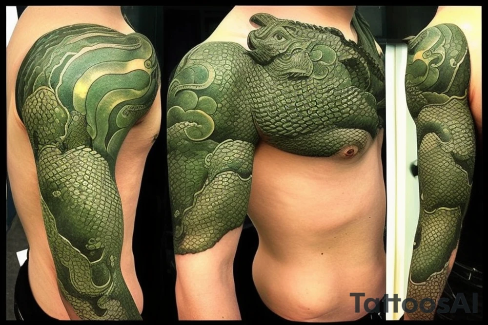 Shoulder sleeve tattoo

The dragon: The dragon is a Japanese-style dragon with a long, serpentine body and sharp claws. Its scales are dark green with gold accents, and it has large, expressive eyes. The dragon's head is perched on your shoulder, and its body wraps around your arm in a spiral. The dragon's mouth is open, as if it is roaring, and its tongue curls around your bicep.

The landscape: The dragon is set against a backdrop of snow-capped mountains, pine trees, and a blue sky. The mountains are in the distance, with the tallest peak in the center of the design. The trees are scattered throughout the landscape, and the snow is piled high on the ground. The sky is clear and bright, with a few wispy clouds.

The details: The dragon's scales are highly detailed, with intricate patterns and shading to give them depth and dimension. The claws are sharp and menacing, and the eyes are expressive and lifelike. The mountains and trees in the background are also highly detailed, with shading and texture to make them look realistic. The snow is also highly detailed, with each flake outlined to give it a crystalline appearance.

The colors: The dragon's scales are primarily dark green, with gold accents on the edges of the scales and around the eyes. The mountains are a pale blue-gray, and the trees are various shades of green. The snow is pure white, with shading to give it depth.

The movement: The dragon's body curves around your arm in a spiral, with its head and tail meeting at your shoulder. The movement of the dragon is causing the snow on the ground to spray up in a dramatic fashion, adding to the dynamic nature of the design. tattoo idea