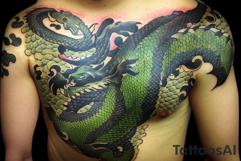 Shoulder sleeve tattoo

The dragon: The dragon is a Japanese-style dragon with a long, serpentine body and sharp claws. Its scales are dark green with gold accents, and it has large, expressive eyes. The dragon's head is perched on your shoulder, and its body wraps around your arm in a spiral. The dragon's mouth is open, as if it is roaring, and its tongue curls around your bicep.

The landscape: The dragon is set against a backdrop of snow-capped mountains, pine trees, and a blue sky. The mountains are in the distance, with the tallest peak in the center of the design. The trees are scattered throughout the landscape, and the snow is piled high on the ground. The sky is clear and bright, with a few wispy clouds.

The details: The dragon's scales are highly detailed, with intricate patterns and shading to give them depth and dimension. The claws are sharp and menacing, and the eyes are expressive and lifelike. The mountains and trees in the background are also highly detailed, with shading and texture to make them look realistic. The snow is also highly detailed, with each flake outlined to give it a crystalline appearance.

The colors: The dragon's scales are primarily dark green, with gold accents on the edges of the scales and around the eyes. The mountains are a pale blue-gray, and the trees are various shades of green. The snow is pure white, with shading to give it depth.

The movement: The dragon's body curves around your arm in a spiral, with its head and tail meeting at your shoulder. The movement of the dragon is causing the snow on the ground to spray up in a dramatic fashion, adding to the dynamic nature of the design. tattoo idea