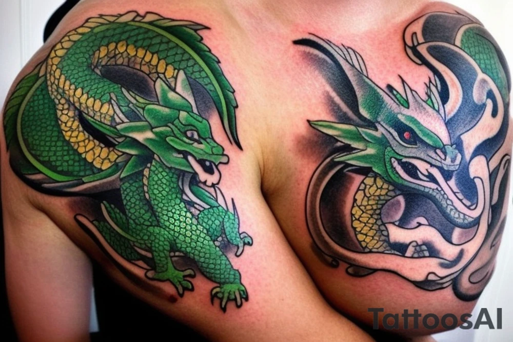 Shoulder sleeve tattoo

The dragon: The dragon is a Japanese-style dragon with a long, serpentine body and sharp claws. Its scales are dark green with gold accents, and it has large, expressive eyes. The dragon's head is perched on your shoulder, and its body wraps around your arm in a spiral. The dragon's mouth is open, as if it is roaring, and its tongue curls around your bicep.

The landscape: The dragon is set against a backdrop of snow-capped mountains, pine trees, and a blue sky. The mountains are in the distance, with the tallest peak in the center of the design. The trees are scattered throughout the landscape, and the snow is piled high on the ground. The sky is clear and bright, with a few wispy clouds.

The details: The dragon's scales are highly detailed, with intricate patterns and shading to give them depth and dimension. The claws are sharp and menacing, and the eyes are expressive and lifelike. The mountains and trees in the background are also highly detailed, with shading and texture to make them look realistic. The snow is also highly detailed, with each flake outlined to give it a crystalline appearance.

The colors: The dragon's scales are primarily dark green, with gold accents on the edges of the scales and around the eyes. The mountains are a pale blue-gray, and the trees are various shades of green. The snow is pure white, with shading to give it depth.

The movement: The dragon's body curves around your arm in a spiral, with its head and tail meeting at your shoulder. The movement of the dragon is causing the snow on the ground to spray up in a dramatic fashion, adding to the dynamic nature of the design. tattoo idea