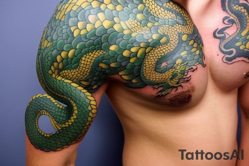Shoulder sleeve tattoo

The dragon: The dragon is a Japanese-style dragon with a long, serpentine body and sharp claws. Its scales are dark green with gold accents, and it has large, expressive eyes. The dragon's head is perched on your shoulder, and its body wraps around your arm in a spiral. The dragon's mouth is open, as if it is roaring, and its tongue curls around your bicep.

The landscape: The dragon is set against a backdrop of snow-capped mountains, pine trees, and a blue sky. The mountains are in the distance, with the tallest peak in the center of the design. The trees are scattered throughout the landscape, and the snow is piled high on the ground. The sky is clear and bright, with a few wispy clouds.

The details: The dragon's scales are highly detailed, with intricate patterns and shading to give them depth and dimension. The claws are sharp and menacing, and the eyes are expressive and lifelike. The mountains and trees in the background are also highly detailed, with shading and texture to make them look realistic. The snow is also highly detailed, with each flake outlined to give it a crystalline appearance.

The colors: The dragon's scales are primarily dark green, with gold accents on the edges of the scales and around the eyes. The mountains are a pale blue-gray, and the trees are various shades of green. The snow is pure white, with shading to give it depth.

The movement: The dragon's body curves around your arm in a spiral, with its head and tail meeting at your shoulder. The movement of the dragon is causing the snow on the ground to spray up in a dramatic fashion, adding to the dynamic nature of the design. tattoo idea