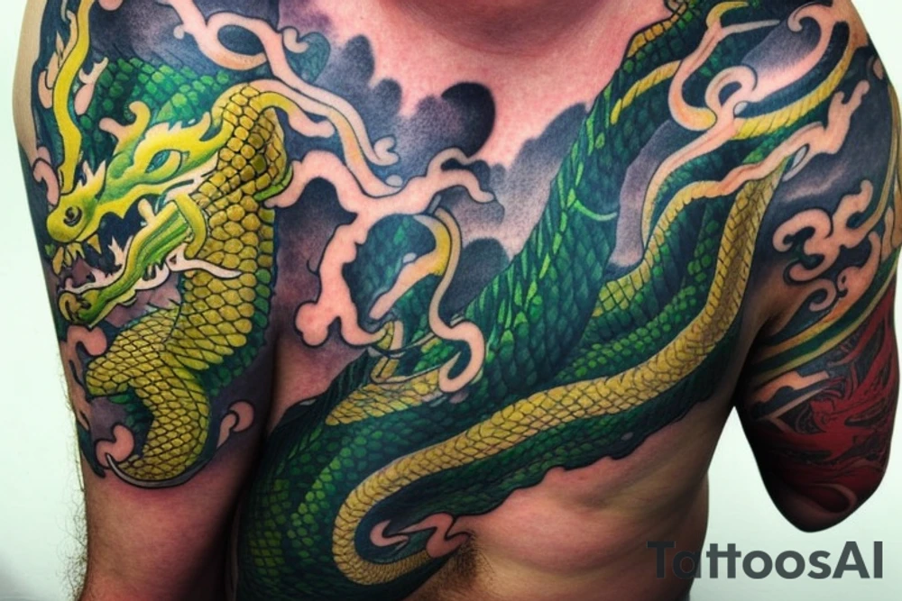 Shoulder sleeve tattoo

The dragon: The dragon is a Japanese-style dragon with a long, serpentine body and sharp claws. Its scales are dark green with gold accents, and it has large, expressive eyes. The dragon's head is perched on your shoulder, and its body wraps around your arm in a spiral. The dragon's mouth is open, as if it is roaring, and its tongue curls around your bicep.

The landscape: The dragon is set against a backdrop of snow-capped mountains, pine trees, and a blue sky. The mountains are in the distance, with the tallest peak in the center of the design. The trees are scattered throughout the landscape, and the snow is piled high on the ground. The sky is clear and bright, with a few wispy clouds.

The details: The dragon's scales are highly detailed, with intricate patterns and shading to give them depth and dimension. The claws are sharp and menacing, and the eyes are expressive and lifelike. The mountains and trees in the background are also highly detailed, with shading and texture to make them look realistic. The snow is also highly detailed, with each flake outlined to give it a crystalline appearance.

The colors: The dragon's scales are primarily dark green, with gold accents on the edges of the scales and around the eyes. The mountains are a pale blue-gray, and the trees are various shades of green. The snow is pure white, with shading to give it depth.

The movement: The dragon's body curves around your arm in a spiral, with its head and tail meeting at your shoulder. The movement of the dragon is causing the snow on the ground to spray up in a dramatic fashion, adding to the dynamic nature of the design. tattoo idea