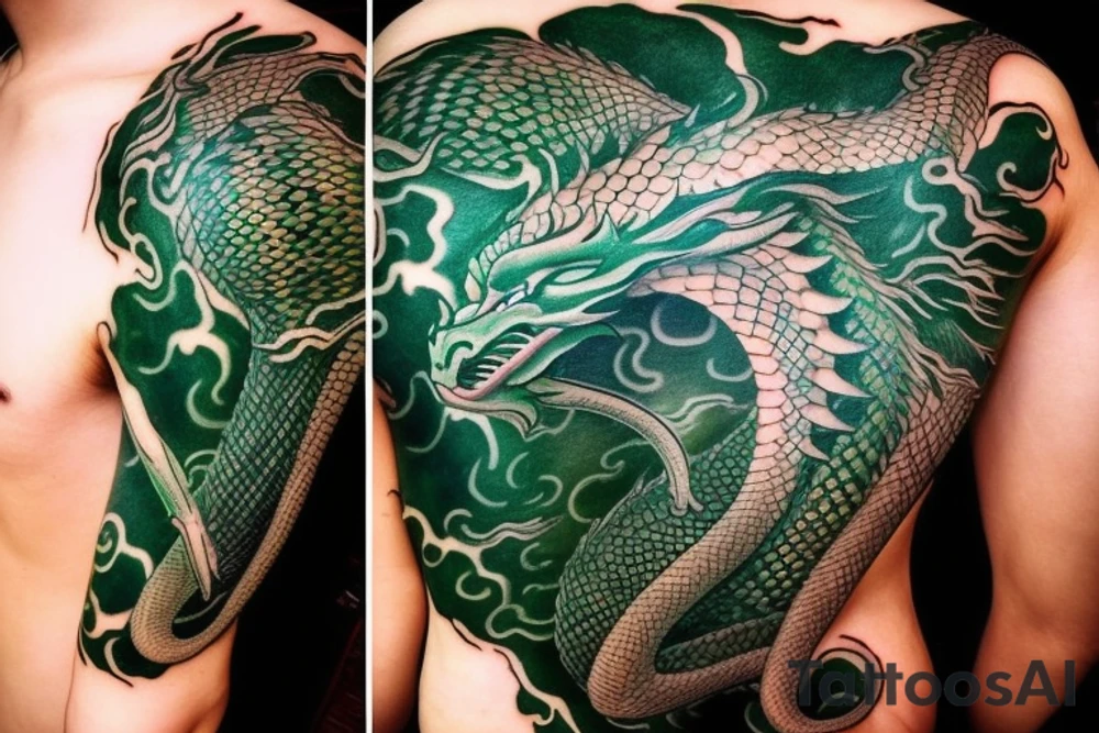 Shoulder sleeve tattoo

The dragon: The dragon is a Japanese-style dragon with a long, serpentine body and sharp claws. Its scales are dark green with gold accents, and it has large, expressive eyes. The dragon's head is perched on your shoulder, and its body wraps around your arm in a spiral. The dragon's mouth is open, as if it is roaring, and its tongue curls around your bicep.

The landscape: The dragon is set against a backdrop of snow-capped mountains, pine trees, and a blue sky. The mountains are in the distance, with the tallest peak in the center of the design. The trees are scattered throughout the landscape, and the snow is piled high on the ground. The sky is clear and bright, with a few wispy clouds.

The details: The dragon's scales are highly detailed, with intricate patterns and shading to give them depth and dimension. The claws are sharp and menacing, and the eyes are expressive and lifelike. The mountains and trees in the background are also highly detailed, with shading and texture to make them look realistic. The snow is also highly detailed, with each flake outlined to give it a crystalline appearance.

The colors: The dragon's scales are primarily dark green, with gold accents on the edges of the scales and around the eyes. The mountains are a pale blue-gray, and the trees are various shades of green. The snow is pure white, with shading to give it depth.

The movement: The dragon's body curves around your arm in a spiral, with its head and tail meeting at your shoulder. The movement of the dragon is causing the snow on the ground to spray up in a dramatic fashion, adding to the dynamic nature of the design. tattoo idea