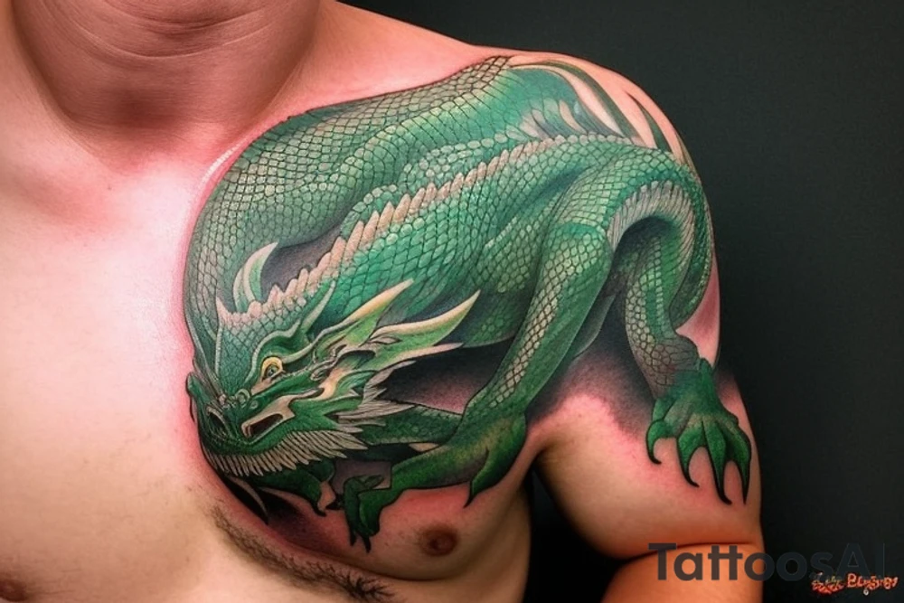 Shoulder sleeve tattoo

The dragon: The dragon is a Japanese-style dragon with a long, serpentine body and sharp claws. Its scales are dark green with gold accents, and it has large, expressive eyes. The dragon's head is perched on your shoulder, and its body wraps around your arm in a spiral. The dragon's mouth is open, as if it is roaring, and its tongue curls around your bicep.

The landscape: The dragon is set against a backdrop of snow-capped mountains, pine trees, and a blue sky. The mountains are in the distance, with the tallest peak in the center of the design. The trees are scattered throughout the landscape, and the snow is piled high on the ground. The sky is clear and bright, with a few wispy clouds.

The details: The dragon's scales are highly detailed, with intricate patterns and shading to give them depth and dimension. The claws are sharp and menacing, and the eyes are expressive and lifelike. The mountains and trees in the background are also highly detailed, with shading and texture to make them look realistic. The snow is also highly detailed, with each flake outlined to give it a crystalline appearance.

The colors: The dragon's scales are primarily dark green, with gold accents on the edges of the scales and around the eyes. The mountains are a pale blue-gray, and the trees are various shades of green. The snow is pure white, with shading to give it depth.

The movement: The dragon's body curves around your arm in a spiral, with its head and tail meeting at your shoulder. The movement of the dragon is causing the snow on the ground to spray up in a dramatic fashion, adding to the dynamic nature of the design. tattoo idea