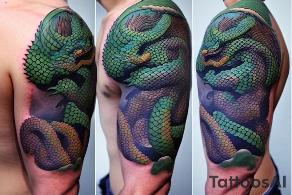 Shoulder sleeve tattoo

The dragon: The dragon is a Japanese-style dragon with a long, serpentine body and sharp claws. Its scales are dark green with gold accents, and it has large, expressive eyes. The dragon's head is perched on your shoulder, and its body wraps around your arm in a spiral. The dragon's mouth is open, as if it is roaring, and its tongue curls around your bicep.

The landscape: The dragon is set against a backdrop of snow-capped mountains, pine trees, and a blue sky. The mountains are in the distance, with the tallest peak in the center of the design. The trees are scattered throughout the landscape, and the snow is piled high on the ground. The sky is clear and bright, with a few wispy clouds.

The details: The dragon's scales are highly detailed, with intricate patterns and shading to give them depth and dimension. The claws are sharp and menacing, and the eyes are expressive and lifelike. The mountains and trees in the background are also highly detailed, with shading and texture to make them look realistic. The snow is also highly detailed, with each flake outlined to give it a crystalline appearance.

The colors: The dragon's scales are primarily dark green, with gold accents on the edges of the scales and around the eyes. The mountains are a pale blue-gray, and the trees are various shades of green. The snow is pure white, with shading to give it depth.

The movement: The dragon's body curves around your arm in a spiral, with its head and tail meeting at your shoulder. The movement of the dragon is causing the snow on the ground to spray up in a dramatic fashion, adding to the dynamic nature of the design. tattoo idea