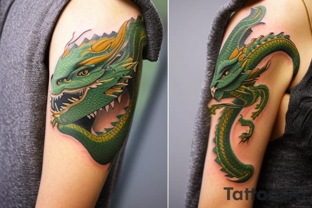 Shoulder sleeve tattoo

The dragon: The dragon is a Japanese-style dragon with a long, serpentine body and sharp claws. Its scales are dark green with gold accents, and it has large, expressive eyes. The dragon's head is perched on your shoulder, and its body wraps around your arm in a spiral. The dragon's mouth is open, as if it is roaring, and its tongue curls around your bicep.

The landscape: The dragon is set against a backdrop of snow-capped mountains, pine trees, and a blue sky. The mountains are in the distance, with the tallest peak in the center of the design. The trees are scattered throughout the landscape, and the snow is piled high on the ground. The sky is clear and bright, with a few wispy clouds.

The details: The dragon's scales are highly detailed, with intricate patterns and shading to give them depth and dimension. The claws are sharp and menacing, and the eyes are expressive and lifelike. The mountains and trees in the background are also highly detailed, with shading and texture to make them look realistic. The snow is also highly detailed, with each flake outlined to give it a crystalline appearance.

The colors: The dragon's scales are primarily dark green, with gold accents on the edges of the scales and around the eyes. The mountains are a pale blue-gray, and the trees are various shades of green. The snow is pure white, with shading to give it depth.

The movement: The dragon's body curves around your arm in a spiral, with its head and tail meeting at your shoulder. The movement of the dragon is causing the snow on the ground to spray up in a dramatic fashion, adding to the dynamic nature of the design. tattoo idea