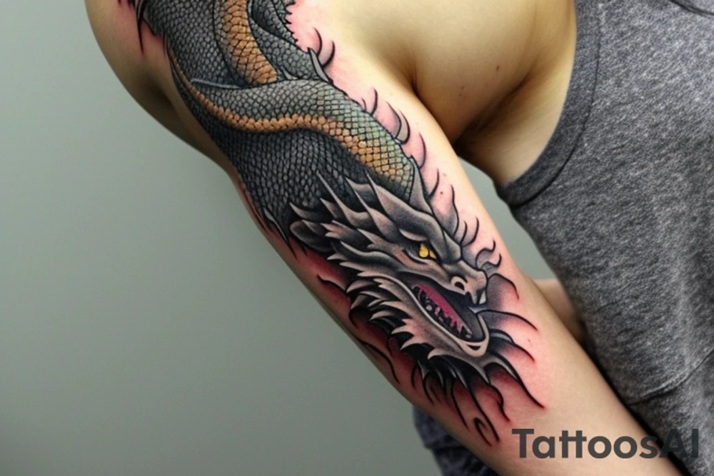 Shoulder sleeve tattoo

The dragon: The dragon is a Japanese-style dragon with a long, serpentine body and sharp claws. Its scales are dark green with gold accents, and it has large, expressive eyes. The dragon's head is perched on your shoulder, and its body wraps around your arm in a spiral. The dragon's mouth is open, as if it is roaring, and its tongue curls around your bicep.

The landscape: The dragon is set against a backdrop of snow-capped mountains, pine trees, and a blue sky. The mountains are in the distance, with the tallest peak in the center of the design. The trees are scattered throughout the landscape, and the snow is piled high on the ground. The sky is clear and bright, with a few wispy clouds.

The details: The dragon's scales are highly detailed, with intricate patterns and shading to give them depth and dimension. The claws are sharp and menacing, and the eyes are expressive and lifelike. The mountains and trees in the background are also highly detailed, with shading and texture to make them look realistic. The snow is also highly detailed, with each flake outlined to give it a crystalline appearance.

The colors: The dragon's scales are primarily dark green, with gold accents on the edges of the scales and around the eyes. The mountains are a pale blue-gray, and the trees are various shades of green. The snow is pure white, with shading to give it depth.

The movement: The dragon's body curves around your arm in a spiral, with its head and tail meeting at your shoulder. The movement of the dragon is causing the snow on the ground to spray up in a dramatic fashion, adding to the dynamic nature of the design. tattoo idea