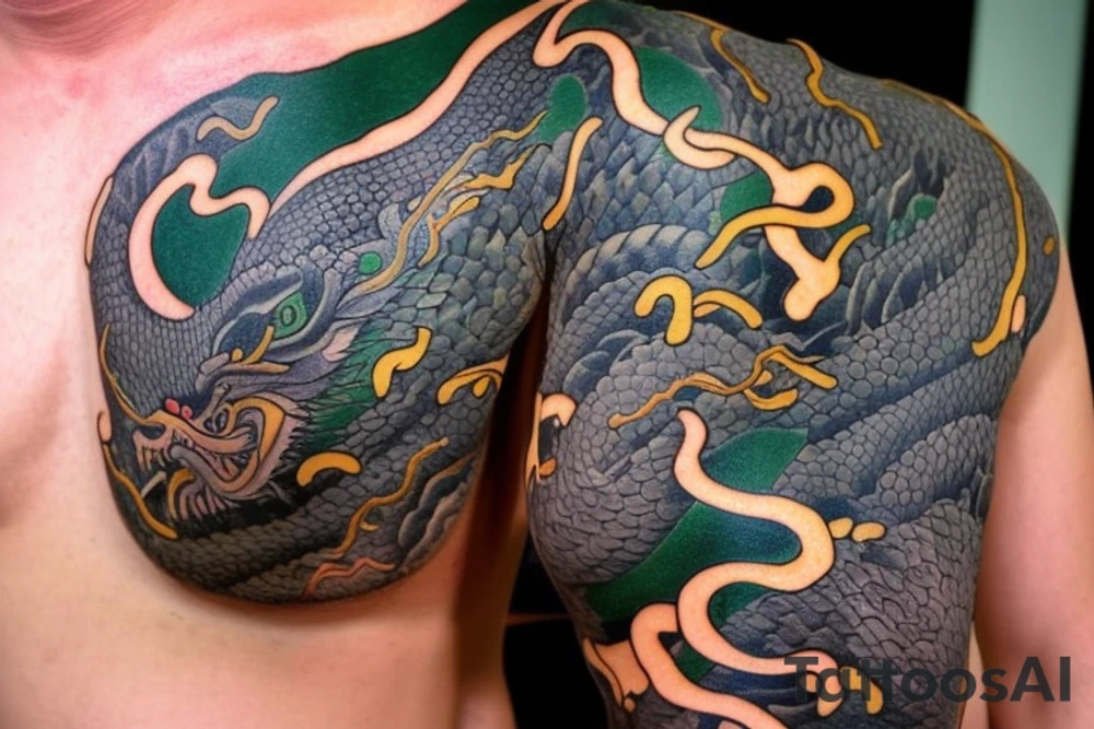 Shoulder sleeve tattoo

The dragon: The dragon is a Japanese-style dragon with a long, serpentine body and sharp claws. Its scales are dark green with gold accents, and it has large, expressive eyes. The dragon's head is perched on your shoulder, and its body wraps around your arm in a spiral. The dragon's mouth is open, as if it is roaring, and its tongue curls around your bicep.

The landscape: The dragon is set against a backdrop of snow-capped mountains, pine trees, and a blue sky. The mountains are in the distance, with the tallest peak in the center of the design. The trees are scattered throughout the landscape, and the snow is piled high on the ground. The sky is clear and bright, with a few wispy clouds.

The details: The dragon's scales are highly detailed, with intricate patterns and shading to give them depth and dimension. The claws are sharp and menacing, and the eyes are expressive and lifelike. The mountains and trees in the background are also highly detailed, with shading and texture to make them look realistic. The snow is also highly detailed, with each flake outlined to give it a crystalline appearance.

The colors: The dragon's scales are primarily dark green, with gold accents on the edges of the scales and around the eyes. The mountains are a pale blue-gray, and the trees are various shades of green. The snow is pure white, with shading to give it depth.

The movement: The dragon's body curves around your arm in a spiral, with its head and tail meeting at your shoulder. The movement of the dragon is causing the snow on the ground to spray up in a dramatic fashion, adding to the dynamic nature of the design. tattoo idea