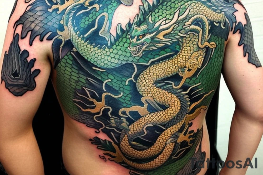 Shoulder sleeve tattoo

The dragon: The dragon is a Japanese-style dragon with a long, serpentine body and sharp claws. Its scales are dark green with gold accents, and it has large, expressive eyes. The dragon's head is perched on your shoulder, and its body wraps around your arm in a spiral. The dragon's mouth is open, as if it is roaring, and its tongue curls around your bicep.

The landscape: The dragon is set against a backdrop of snow-capped mountains, pine trees, and a blue sky. The mountains are in the distance, with the tallest peak in the center of the design. The trees are scattered throughout the landscape, and the snow is piled high on the ground. The sky is clear and bright, with a few wispy clouds.

The details: The dragon's scales are highly detailed, with intricate patterns and shading to give them depth and dimension. The claws are sharp and menacing, and the eyes are expressive and lifelike. The mountains and trees in the background are also highly detailed, with shading and texture to make them look realistic. The snow is also highly detailed, with each flake outlined to give it a crystalline appearance.

The colors: The dragon's scales are primarily dark green, with gold accents on the edges of the scales and around the eyes. The mountains are a pale blue-gray, and the trees are various shades of green. The snow is pure white, with shading to give it depth.

The movement: The dragon's body curves around your arm in a spiral, with its head and tail meeting at your shoulder. The movement of the dragon is causing the snow on the ground to spray up in a dramatic fashion, adding to the dynamic nature of the design. tattoo idea