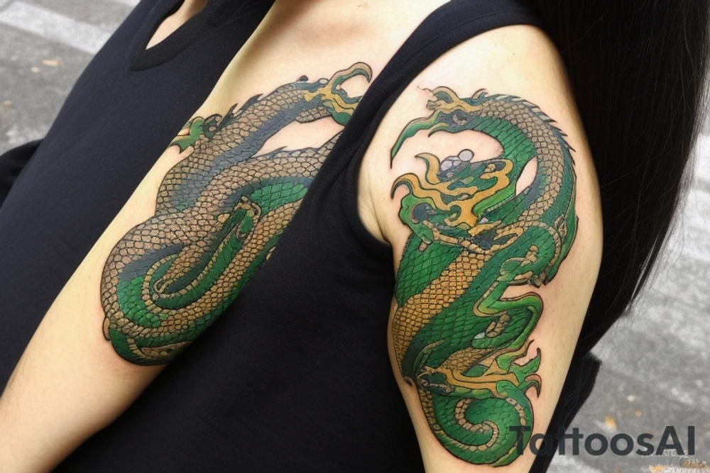 Shoulder sleeve tattoo

The dragon: The dragon is a Japanese-style dragon with a long, serpentine body and sharp claws. Its scales are dark green with gold accents, and it has large, expressive eyes. The dragon's head is perched on your shoulder, and its body wraps around your arm in a spiral. The dragon's mouth is open, as if it is roaring, and its tongue curls around your bicep.

The landscape: The dragon is set against a backdrop of snow-capped mountains, pine trees, and a blue sky. The mountains are in the distance, with the tallest peak in the center of the design. The trees are scattered throughout the landscape, and the snow is piled high on the ground. The sky is clear and bright, with a few wispy clouds.

The details: The dragon's scales are highly detailed, with intricate patterns and shading to give them depth and dimension. The claws are sharp and menacing, and the eyes are expressive and lifelike. The mountains and trees in the background are also highly detailed, with shading and texture to make them look realistic. The snow is also highly detailed, with each flake outlined to give it a crystalline appearance.

The colors: The dragon's scales are primarily dark green, with gold accents on the edges of the scales and around the eyes. The mountains are a pale blue-gray, and the trees are various shades of green. The snow is pure white, with shading to give it depth.

The movement: The dragon's body curves around your arm in a spiral, with its head and tail meeting at your shoulder. The movement of the dragon is causing the snow on the ground to spray up in a dramatic fashion, adding to the dynamic nature of the design. tattoo idea