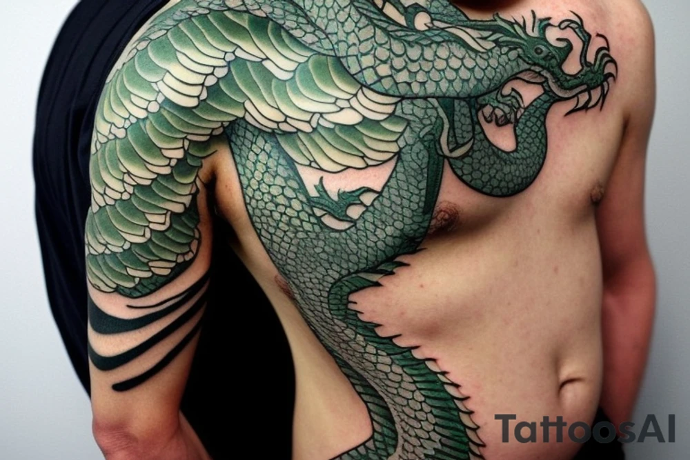 Shoulder sleeve tattoo

The dragon: The dragon is a Japanese-style dragon with a long, serpentine body and sharp claws. Its scales are dark green with gold accents, and it has large, expressive eyes. The dragon's head is perched on your shoulder, and its body wraps around your arm in a spiral. The dragon's mouth is open, as if it is roaring, and its tongue curls around your bicep.

The landscape: The dragon is set against a backdrop of snow-capped mountains, pine trees, and a blue sky. The mountains are in the distance, with the tallest peak in the center of the design. The trees are scattered throughout the landscape, and the snow is piled high on the ground. The sky is clear and bright, with a few wispy clouds.

The details: The dragon's scales are highly detailed, with intricate patterns and shading to give them depth and dimension. The claws are sharp and menacing, and the eyes are expressive and lifelike. The mountains and trees in the background are also highly detailed, with shading and texture to make them look realistic. The snow is also highly detailed, with each flake outlined to give it a crystalline appearance.

The colors: The dragon's scales are primarily dark green, with gold accents on the edges of the scales and around the eyes. The mountains are a pale blue-gray, and the trees are various shades of green. The snow is pure white, with shading to give it depth.

The movement: The dragon's body curves around your arm in a spiral, with its head and tail meeting at your shoulder. The movement of the dragon is causing the snow on the ground to spray up in a dramatic fashion, adding to the dynamic nature of the design. tattoo idea