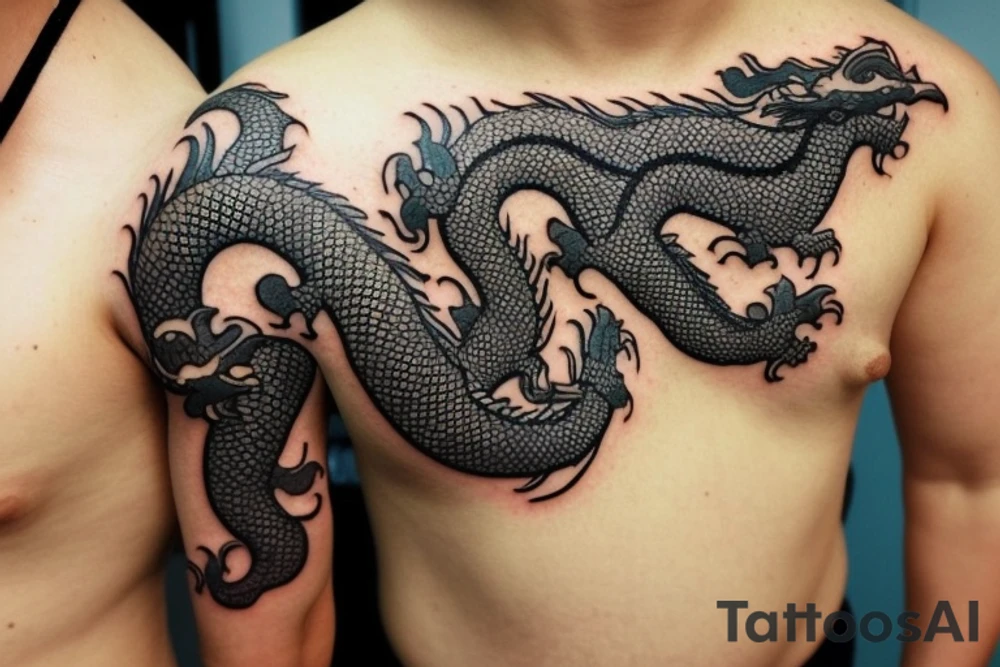 Shoulder sleeve tattoo

The dragon: The dragon is a Japanese-style dragon with a long, serpentine body and sharp claws. Its scales are dark green with gold accents, and it has large, expressive eyes. The dragon's head is perched on your shoulder, and its body wraps around your arm in a spiral. The dragon's mouth is open, as if it is roaring, and its tongue curls around your bicep.

The landscape: The dragon is set against a backdrop of snow-capped mountains, pine trees, and a blue sky. The mountains are in the distance, with the tallest peak in the center of the design. The trees are scattered throughout the landscape, and the snow is piled high on the ground. The sky is clear and bright, with a few wispy clouds.

The details: The dragon's scales are highly detailed, with intricate patterns and shading to give them depth and dimension. The claws are sharp and menacing, and the eyes are expressive and lifelike. The mountains and trees in the background are also highly detailed, with shading and texture to make them look realistic. The snow is also highly detailed, with each flake outlined to give it a crystalline appearance.

The colors: The dragon's scales are primarily dark green, with gold accents on the edges of the scales and around the eyes. The mountains are a pale blue-gray, and the trees are various shades of green. The snow is pure white, with shading to give it depth.

The movement: The dragon's body curves around your arm in a spiral, with its head and tail meeting at your shoulder. The movement of the dragon is causing the snow on the ground to spray up in a dramatic fashion, adding to the dynamic nature of the design. tattoo idea