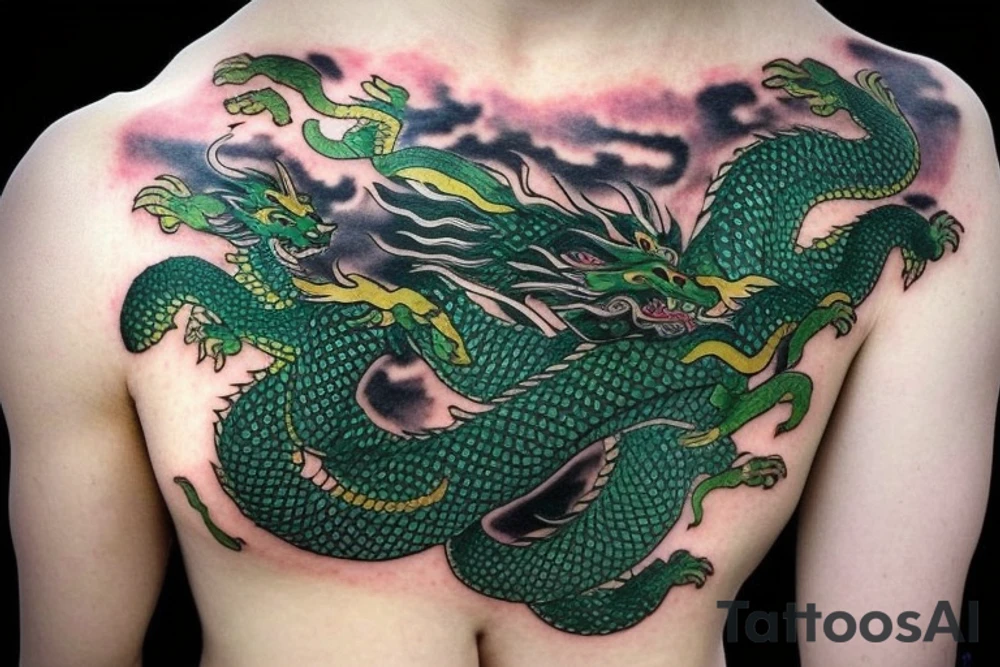 Shoulder sleeve tattoo

The dragon: The dragon is a Japanese-style dragon with a long, serpentine body and sharp claws. Its scales are dark green with gold accents, and it has large, expressive eyes. The dragon's head is perched on your shoulder, and its body wraps around your arm in a spiral. The dragon's mouth is open, as if it is roaring, and its tongue curls around your bicep.

The landscape: The dragon is set against a backdrop of snow-capped mountains, pine trees, and a blue sky. The mountains are in the distance, with the tallest peak in the center of the design. The trees are scattered throughout the landscape, and the snow is piled high on the ground. The sky is clear and bright, with a few wispy clouds.

The details: The dragon's scales are highly detailed, with intricate patterns and shading to give them depth and dimension. The claws are sharp and menacing, and the eyes are expressive and lifelike. The mountains and trees in the background are also highly detailed, with shading and texture to make them look realistic. The snow is also highly detailed, with each flake outlined to give it a crystalline appearance.

The colors: The dragon's scales are primarily dark green, with gold accents on the edges of the scales and around the eyes. The mountains are a pale blue-gray, and the trees are various shades of green. The snow is pure white, with shading to give it depth.

The movement: The dragon's body curves around your arm in a spiral, with its head and tail meeting at your shoulder. The movement of the dragon is causing the snow on the ground to spray up in a dramatic fashion, adding to the dynamic nature of the design. tattoo idea