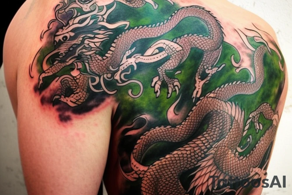 Shoulder sleeve tattoo

The dragon: The dragon is a Japanese-style dragon with a long, serpentine body and sharp claws. Its scales are dark green with gold accents, and it has large, expressive eyes. The dragon's head is perched on your shoulder, and its body wraps around your arm in a spiral. The dragon's mouth is open, as if it is roaring, and its tongue curls around your bicep.

The landscape: The dragon is set against a backdrop of snow-capped mountains, pine trees, and a blue sky. The mountains are in the distance, with the tallest peak in the center of the design. The trees are scattered throughout the landscape, and the snow is piled high on the ground. The sky is clear and bright, with a few wispy clouds.

The details: The dragon's scales are highly detailed, with intricate patterns and shading to give them depth and dimension. The claws are sharp and menacing, and the eyes are expressive and lifelike. The mountains and trees in the background are also highly detailed, with shading and texture to make them look realistic. The snow is also highly detailed, with each flake outlined to give it a crystalline appearance.

The colors: The dragon's scales are primarily dark green, with gold accents on the edges of the scales and around the eyes. The mountains are a pale blue-gray, and the trees are various shades of green. The snow is pure white, with shading to give it depth.

The movement: The dragon's body curves around your arm in a spiral, with its head and tail meeting at your shoulder. The movement of the dragon is causing the snow on the ground to spray up in a dramatic fashion, adding to the dynamic nature of the design. tattoo idea