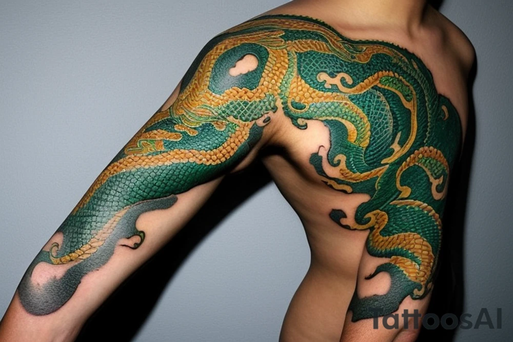 Shoulder sleeve tattoo

The dragon: The dragon is a Japanese-style dragon with a long, serpentine body and sharp claws. Its scales are dark green with gold accents, and it has large, expressive eyes. The dragon's head is perched on your shoulder, and its body wraps around your arm in a spiral. The dragon's mouth is open, as if it is roaring, and its tongue curls around your bicep.

The landscape: The dragon is set against a backdrop of snow-capped mountains, pine trees, and a blue sky. The mountains are in the distance, with the tallest peak in the center of the design. The trees are scattered throughout the landscape, and the snow is piled high on the ground. The sky is clear and bright, with a few wispy clouds.

The details: The dragon's scales are highly detailed, with intricate patterns and shading to give them depth and dimension. The claws are sharp and menacing, and the eyes are expressive and lifelike. The mountains and trees in the background are also highly detailed, with shading and texture to make them look realistic. The snow is also highly detailed, with each flake outlined to give it a crystalline appearance.

The colors: The dragon's scales are primarily dark green, with gold accents on the edges of the scales and around the eyes. The mountains are a pale blue-gray, and the trees are various shades of green. The snow is pure white, with shading to give it depth.

The movement: The dragon's body curves around your arm in a spiral, with its head and tail meeting at your shoulder. The movement of the dragon is causing the snow on the ground to spray up in a dramatic fashion, adding to the dynamic nature of the design. tattoo idea