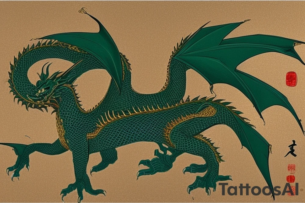 The dragon: A Japanese-style dragon with dark green scales and gold accents, sharp claws, and expressive eyes. Its head perches on your shoulder, and its body wraps around your arm in a spiral. The dragon's mouth is open, as if it's roaring, and its tongue curls around your bicep.

The landscape: Snowy mountains in the distance, pine trees scattered throughout, and a blue sky. The tallest peak is in the center of the design, and the snow is piled high on the ground.

The details: Highly detailed scales with intricate patterns and shading, sharp claws, expressive eyes, and snowflakes with crystalline appearance.

The colors: Dark green scales with gold accents, pale blue-gray mountains, various shades of green for trees, and pure white snow.

The movement: The dragon's body curves around your arm in a spiral, with its head and tail meeting at your shoulder. Its wings are outstretched, and it's causing snow on the ground to spray up in a dramatic fashion. tattoo idea