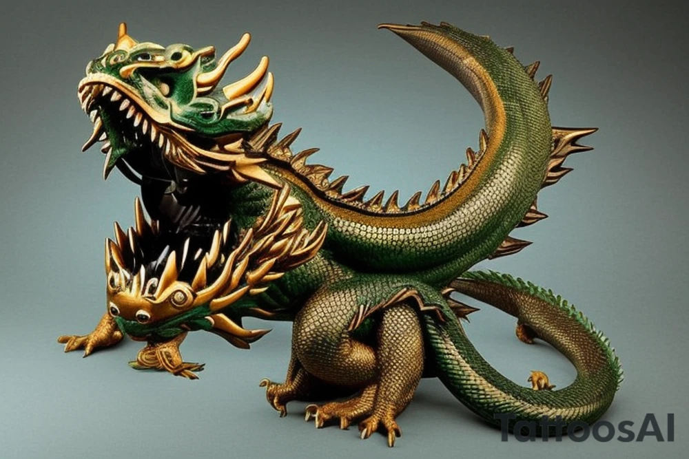 The dragon: A Japanese-style dragon with dark green scales and gold accents, sharp claws, and expressive eyes. Its head perches on your shoulder, and its body wraps around your arm in a spiral. The dragon's mouth is open, as if it's roaring, and its tongue curls around your bicep.

The landscape: Snowy mountains in the distance, pine trees scattered throughout, and a blue sky. The tallest peak is in the center of the design, and the snow is piled high on the ground.

The details: Highly detailed scales with intricate patterns and shading, sharp claws, expressive eyes, and snowflakes with crystalline appearance.

The colors: Dark green scales with gold accents, pale blue-gray mountains, various shades of green for trees, and pure white snow.

The movement: The dragon's body curves around your arm in a spiral, with its head and tail meeting at your shoulder. Its wings are outstretched, and it's causing snow on the ground to spray up in a dramatic fashion. tattoo idea