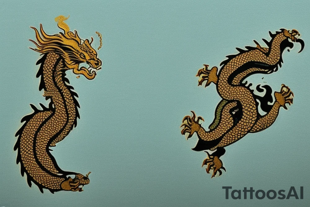 The dragon: A Japanese-style dragon tattoo with dark green scales and gold accents, sharp claws, and expressive eyes. Its head perches on your shoulder, and its body wraps around your arm in a spiral. The dragon's mouth is open, as if it's roaring, and its tongue curls around your bicep.

The landscape: Snowy mountains in the distance, pine trees scattered throughout, and a blue sky. The tallest peak is in the center of the design, and the snow is piled high on the ground.

The details: Highly detailed scales with intricate patterns and shading, sharp claws, expressive eyes, and snowflakes with crystalline appearance.

The colors: Dark green scales with gold accents, pale blue-gray mountains, various shades of green for trees, and pure white snow.

The movement: The dragon's body curves around your arm in a spiral, with its head and tail meeting at your shoulder. Its wings are outstretched, and it's causing snow on the ground to spray up in a dramatic fashion. tattoo idea