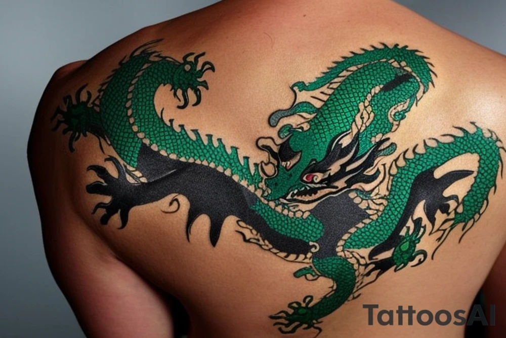 The dragon: A Japanese-style dragon tattoo with dark green scales and gold accents, sharp claws, and expressive eyes. Its head perches on your shoulder, and its body wraps around your arm in a spiral. The dragon's mouth is open, as if it's roaring, and its tongue curls around your bicep.

The landscape: Snowy mountains in the distance, pine trees scattered throughout, and a blue sky. The tallest peak is in the center of the design, and the snow is piled high on the ground.

The details: Highly detailed scales with intricate patterns and shading, sharp claws, expressive eyes, and snowflakes with crystalline appearance.

The colors: Dark green scales with gold accents, pale blue-gray mountains, various shades of green for trees, and pure white snow.

The movement: The dragon's body curves around your arm in a spiral, with its head and tail meeting at your shoulder. Its wings are outstretched, and it's causing snow on the ground to spray up in a dramatic fashion. tattoo idea