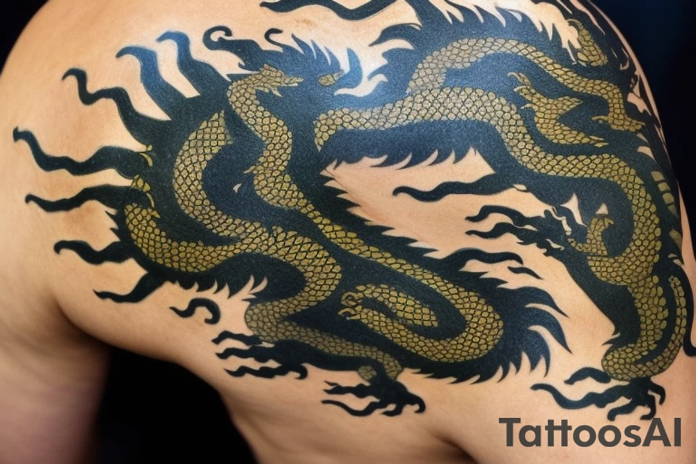 The dragon: A Japanese-style dragon tattoo with dark green scales and gold accents, sharp claws, and expressive eyes. Its head perches on your shoulder, and its body wraps around your arm in a spiral. The dragon's mouth is open, as if it's roaring, and its tongue curls around your bicep.

The landscape: Snowy mountains in the distance, pine trees scattered throughout, and a blue sky. The tallest peak is in the center of the design, and the snow is piled high on the ground.

The details: Highly detailed scales with intricate patterns and shading, sharp claws, expressive eyes, and snowflakes with crystalline appearance.

The colors: Dark green scales with gold accents, pale blue-gray mountains, various shades of green for trees, and pure white snow.

The movement: The dragon's body curves around your arm in a spiral, with its head and tail meeting at your shoulder. Its wings are outstretched, and it's causing snow on the ground to spray up in a dramatic fashion. tattoo idea