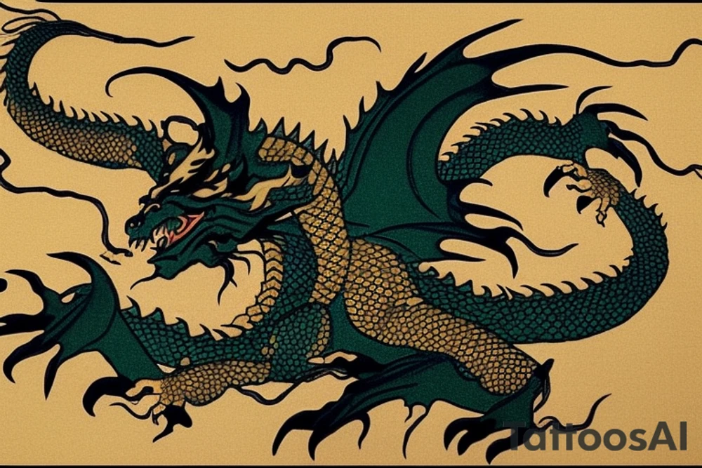 The dragon: A Japanese-style dragon tattoo with dark green scales and gold accents, sharp claws, and expressive eyes. Its head perches on your shoulder, and its body wraps around your arm in a spiral. The dragon's mouth is open, as if it's roaring, and its tongue curls around your bicep.

The landscape: Snowy mountains in the distance, pine trees scattered throughout, and a blue sky. The tallest peak is in the center of the design, and the snow is piled high on the ground.

The details: Highly detailed scales with intricate patterns and shading, sharp claws, expressive eyes, and snowflakes with crystalline appearance.

The colors: Dark green scales with gold accents, pale blue-gray mountains, various shades of green for trees, and pure white snow.

The movement: The dragon's body curves around your arm in a spiral, with its head and tail meeting at your shoulder. Its wings are outstretched, and it's causing snow on the ground to spray up in a dramatic fashion. tattoo idea