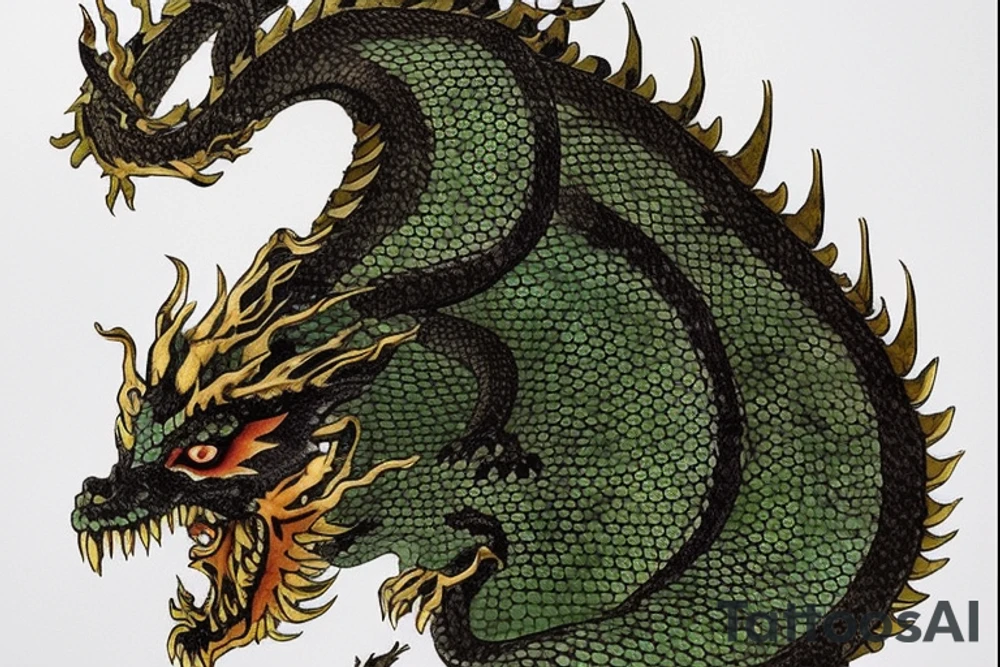 The dragon: A Japanese-style dragon tattoo with dark green scales and gold accents, sharp claws, and expressive eyes. Its head perches on your shoulder, and its body wraps around your arm in a spiral. The dragon's mouth is open, as if it's roaring, and its tongue curls around your bicep.
The landscape: Snowy mountains in the distance, pine trees scattered throughout, and a blue sky. The tallest peak is in the center of the design, and the snow is piled high on the ground.
The details: Highly detailed scales with intricate patterns and shading, sharp claws, expressive eyes, and snowflakes with crystalline appearance.
The colors: Dark green scales with gold accents, pale blue-gray mountains, various shades of green for trees, and pure white snow.
The movement The dragon's body curves around your arm in a spiral, with its head and tail meeting at your shoulder. Its wings are outstretched, and it's causing snow on the ground to spray up in a dramatic fashion. tattoo idea