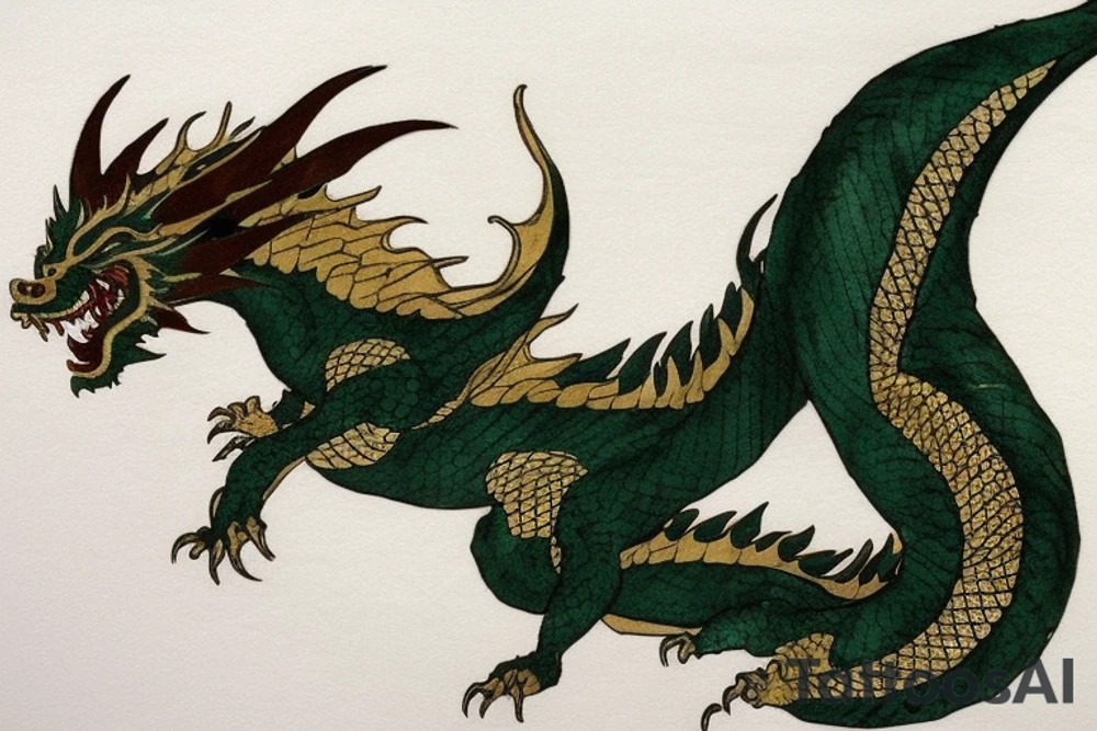 The dragon: A Japanese-style dragon tattoo with dark green scales and gold accents, sharp claws, and expressive eyes. Its head perches on your shoulder, and its body wraps around your arm in a spiral. The dragon's mouth is open, as if it's roaring, and its tongue curls around your bicep.
The landscape: Snowy mountains in the distance, pine trees scattered throughout, and a blue sky. The tallest peak is in the center of the design, and the snow is piled high on the ground.
The details: Highly detailed scales with intricate patterns and shading, sharp claws, expressive eyes, and snowflakes with crystalline appearance.
The colors: Dark green scales with gold accents, pale blue-gray mountains, various shades of green for trees, and pure white snow.
The movement The dragon's body curves around your arm in a spiral, with its head and tail meeting at your shoulder. Its wings are outstretched, and it's causing snow on the ground to spray up in a dramatic fashion. tattoo idea
