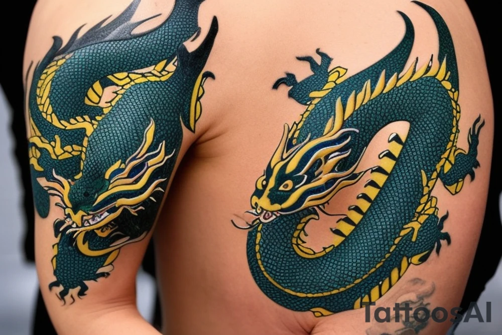 Place,ment: Shoulder sleeve
The dragon: A Japanese-style dragon tattoo with dark green scales and gold accents, sharp claws, and expressive eyes. Its head perches on your shoulder, and its body wraps around your arm in a spiral. The dragon's mouth is open, as if it's roaring, and its tongue curls around your bicep.
The landscape: Snowy mountains in the distance, pine trees scattered throughout, and a blue sky. The tallest peak is in the center of the design, and the snow is piled high on the ground.
The details: Highly detailed scales with intricate patterns and shading, sharp claws, expressive eyes, and snowflakes with crystalline appearance.
The colors: Dark green scales with gold accents, pale blue-gray mountains, various shades of green for trees, and pure white snow.
The movement The dragon's body curves around your arm in a spiral, with its head and tail meeting at your shoulder. Its wings are outstretched, and it's causing snow on the ground to spray up in a dramatic fashion. tattoo idea