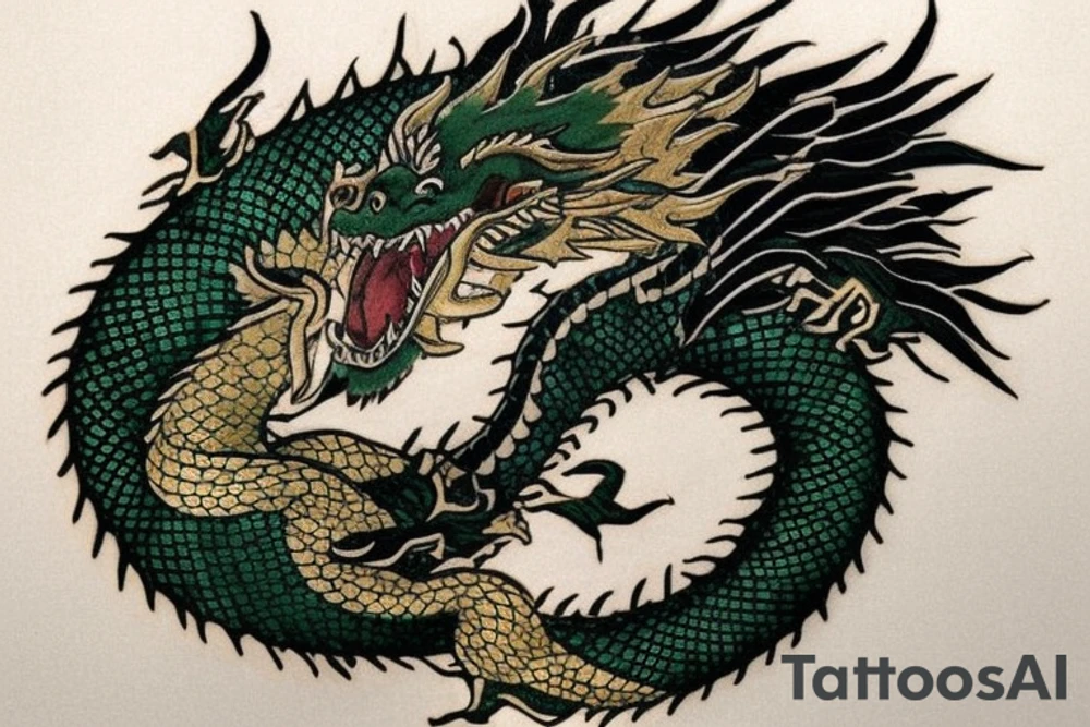 Place,ment: Shoulder sleeve
The dragon: A Japanese-style dragon tattoo with dark green scales and gold accents, sharp claws, and expressive eyes. Its head perches on your shoulder, and its body wraps around your arm in a spiral. The dragon's mouth is open, as if it's roaring, and its tongue curls around your bicep.
The landscape: Snowy mountains in the distance, pine trees scattered throughout, and a blue sky. The tallest peak is in the center of the design, and the snow is piled high on the ground.
The details: Highly detailed scales with intricate patterns and shading, sharp claws, expressive eyes, and snowflakes with crystalline appearance.
The colors: Dark green scales with gold accents, pale blue-gray mountains, various shades of green for trees, and pure white snow.
The movement The dragon's body curves around your arm in a spiral, with its head and tail meeting at your shoulder. Its wings are outstretched, and it's causing snow on the ground to spray up in a dramatic fashion. tattoo idea