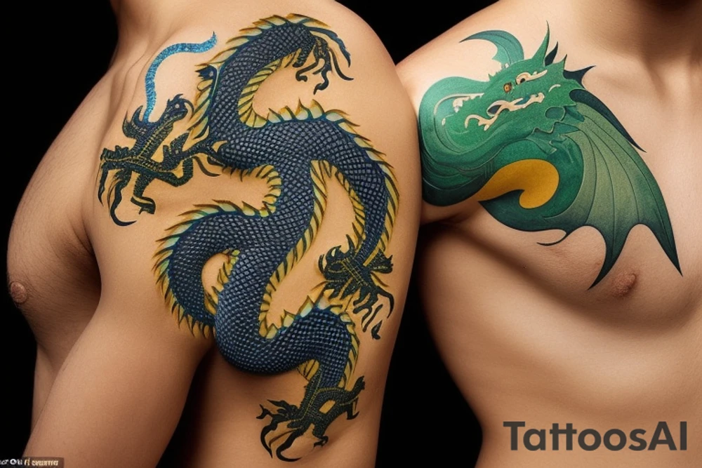 Placement: Shoulder sleeve
The dragon: A Japanese-style dragon tattoo with dark green scales and gold accents, sharp claws, and expressive eyes. Its head perches on your shoulder, and its body wraps around your arm in a spiral. The dragon's mouth is open, as if it's roaring, and its tongue curls around your bicep.
The landscape: Snowy mountains in the distance, pine trees scattered throughout, and a blue sky. The tallest peak is in the center of the design, and the snow is piled high on the ground.
The details: Highly detailed scales with intricate patterns and shading, sharp claws, expressive eyes, and snowflakes with crystalline appearance.
The colors: Dark green scales with gold accents, pale blue-gray mountains, various shades of green for trees, and pure white snow.
The movement The dragon's body curves around your arm in a spiral, with its head and tail meeting at your shoulder. Its wings are outstretched, and it's causing snow on the ground to spray up in a dramatic fashion. tattoo idea