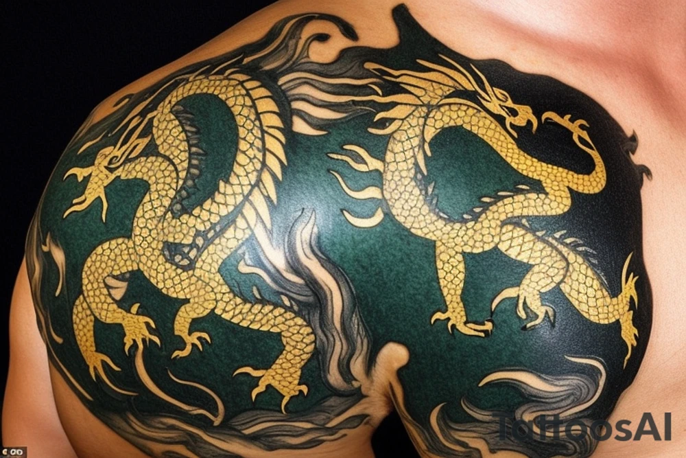 Placement: Shoulder sleeve
The dragon: A Japanese-style dragon tattoo with dark green scales and gold accents, sharp claws, and expressive eyes. Its head perches on your shoulder, and its body wraps around your arm in a spiral. The dragon's mouth is open, as if it's roaring, and its tongue curls around your bicep.
The landscape: Snowy mountains in the distance, pine trees scattered throughout, and a blue sky. The tallest peak is in the center of the design, and the snow is piled high on the ground.
The details: Highly detailed scales with intricate patterns and shading, sharp claws, expressive eyes, and snowflakes with crystalline appearance.
The colors: Dark green scales with gold accents, pale blue-gray mountains, various shades of green for trees, and pure white snow.
The movement The dragon's body curves around your arm in a spiral, with its head and tail meeting at your shoulder. Its wings are outstretched, and it's causing snow on the ground to spray up in a dramatic fashion. tattoo idea