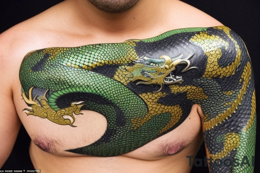 Placement: Shoulder sleeve
The dragon: A Japanese-style dragon tattoo with dark green scales and gold accents, sharp claws, and expressive eyes. Its head perches on your shoulder, and its body wraps around your arm in a spiral. The dragon's mouth is open, as if it's roaring, and its tongue curls around your bicep.
The landscape: Snowy mountains in the distance, pine trees scattered throughout, and a blue sky. The tallest peak is in the center of the design, and the snow is piled high on the ground.
The details: Highly detailed scales with intricate patterns and shading, sharp claws, expressive eyes, and snowflakes with crystalline appearance.
The colors: Dark green scales with gold accents, pale blue-gray mountains, various shades of green for trees, and pure white snow.
The movement The dragon's body curves around your arm in a spiral, with its head and tail meeting at your shoulder. Its wings are outstretched, and it's causing snow on the ground to spray up in a dramatic fashion. tattoo idea