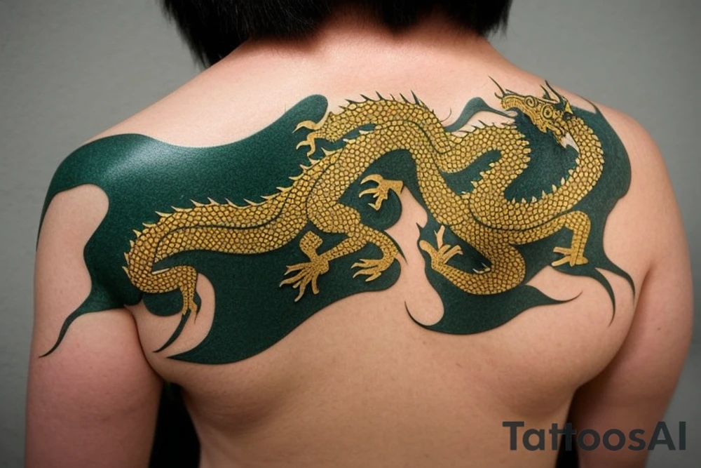 Placement: Shoulder sleeve
The dragon: A Japanese-style dragon tattoo with dark green scales and gold accents, sharp claws, and expressive eyes. Its head perches on your shoulder, and its body wraps around your arm in a spiral. The dragon's mouth is open, as if it's roaring, and its tongue curls around your bicep.
The landscape: Snowy mountains in the distance, pine trees scattered throughout, and a blue sky. The tallest peak is in the center of the design, and the snow is piled high on the ground.
The details: Highly detailed scales with intricate patterns and shading, sharp claws, expressive eyes, and snowflakes with crystalline appearance.
The colors: Dark green scales with gold accents, pale blue-gray mountains, various shades of green for trees, and pure white snow.
The movement The dragon's body curves around your arm in a spiral, with its head and tail meeting at your shoulder. Its wings are outstretched, and it's causing snow on the ground to spray up in a dramatic fashion. tattoo idea