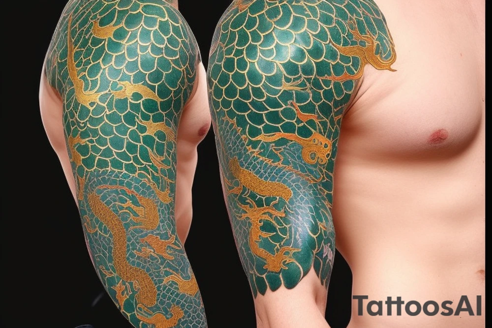Placement: Shoulder sleeve
The dragon is a Japanese-style dragon tattoo with dark green scales, gold accents, sharp claws, and expressive eyes. Its head perches on your shoulder, and its body wraps around your arm in a spiral. The dragon's mouth is open as if it's roaring, and its tongue curls around your bicep.
The landscape: Snowy mountains in the distance, scattered pine trees, and a blue sky. The tallest peak is in the centre of the design, and the snow is piled high on the ground.
The details: Highly detailed scales with intricate patterns and shading, sharp claws, expressive eyes, and snowflakes with a crystalline appearance.
The colours: Dark green scales with gold accents, pale blue-grey mountains, various shades of green for trees, and pure white snow.
The movement The dragon's body curves around your arm in a spiral, with its head and tail meeting at your shoulder. Its wings are outstretched, causing snow on the ground to spray up dramatically. tattoo idea