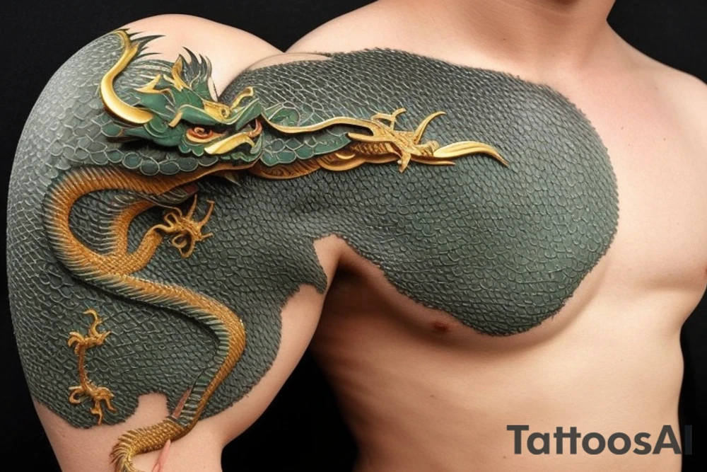 Placement: Shoulder sleeve
The dragon is a Japanese-style dragon tattoo with dark green scales, gold accents, sharp claws, and expressive eyes. Its head perches on your shoulder, and its body wraps around your arm in a spiral. The dragon's mouth is open as if it's roaring, and its tongue curls around your bicep.
The landscape: Snowy mountains in the distance, scattered pine trees, and a blue sky. The tallest peak is in the centre of the design, and the snow is piled high on the ground.
The details: Highly detailed scales with intricate patterns and shading, sharp claws, expressive eyes, and snowflakes with a crystalline appearance.
The colours: Dark green scales with gold accents, pale blue-grey mountains, various shades of green for trees, and pure white snow.
The movement The dragon's body curves around your arm in a spiral, with its head and tail meeting at your shoulder. Its wings are outstretched, causing snow on the ground to spray up dramatically. tattoo idea