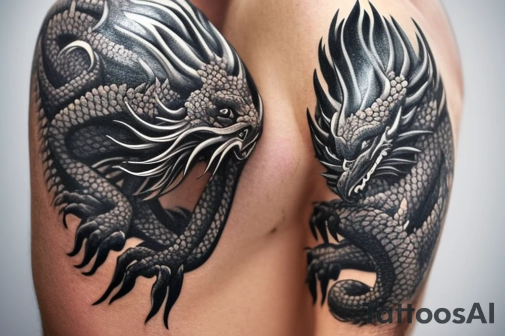 Placement: Shoulder sleeve
The dragon is a Japanese-style dragon tattoo with black scales, silver accents, sharp claws, and expressive eyes. Its head perches on your shoulder, and its body wraps around your arm in a spiral. The dragon's mouth is open as if it's roaring, and its tongue curls around your bicep.
The landscape: Snowy mountains in the distance, scattered pine trees, and a blue sky. The tallest peak is in the centre of the design, and the snow is piled high on the ground.
The details: Highly detailed scales with intricate patterns and shading, sharp claws, expressive eyes, and snowflakes with a crystalline appearance.
The colours: Dark green scales with gold accents, pale blue-grey mountains, various shades of green for trees, and pure white snow.
The movement The dragon's body curves around your arm in a spiral, with its head and tail meeting at your shoulder. Its wings are outstretched, causing snow on the ground to spray up dramatically. tattoo idea
