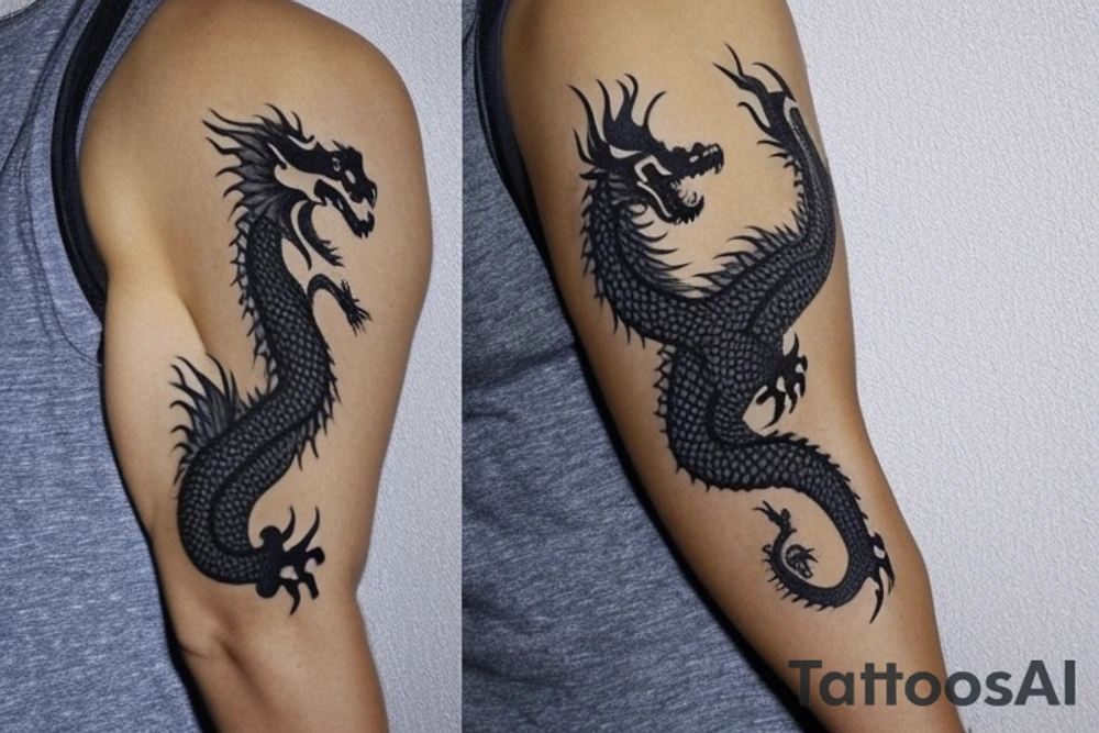 Placement: Shoulder sleeve
The dragon is a Japanese-style dragon tattoo with black scales, silver accents, sharp claws, and expressive eyes. Its head perches on your shoulder, and its body wraps around your arm in a spiral. The dragon's mouth is open as if it's roaring, and its tongue curls around your bicep.
The landscape: Snowy mountains in the distance, scattered pine trees, and a blue sky. The tallest peak is in the centre of the design, and the snow is piled high on the ground.
The details: Highly detailed scales with intricate patterns and shading, sharp claws, expressive eyes, and snowflakes with a crystalline appearance.
The colours: Dark green scales with gold accents, pale blue-grey mountains, various shades of green for trees, and pure white snow.
The movement The dragon's body curves around your arm in a spiral, with its head and tail meeting at your shoulder. Its wings are outstretched, causing snow on the ground to spray up dramatically. tattoo idea