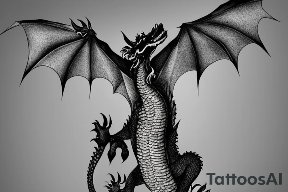 Placement: Shoulder sleeve
The dragon is a Japanese-style dragon tattoo with black scales, silver accents, sharp claws, and expressive eyes. Its head perches on your shoulder, and its body wraps around your arm in a spiral. The dragon's mouth is open as if it's roaring, and its tongue curls around your bicep.
The landscape: Snowy mountains in the distance, scattered pine trees, and a blue sky. The tallest peak is in the centre of the design, and the snow is piled high on the ground.
The details: Highly detailed scales with intricate patterns and shading, sharp claws, expressive eyes, and snowflakes with a crystalline appearance.
The colours: Dark green scales with gold accents, pale blue-grey mountains, various shades of green for trees, and pure white snow.
The movement The dragon's body curves around your arm in a spiral, with its head and tail meeting at your shoulder. Its wings are outstretched, causing snow on the ground to spray up dramatically. tattoo idea