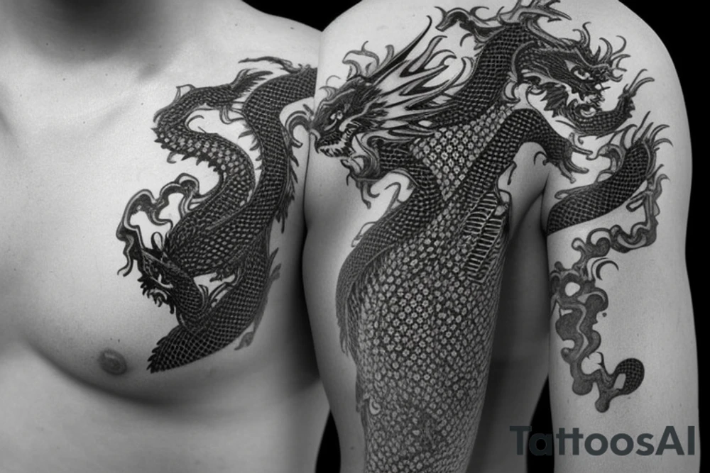 Placement: Shoulder sleeve
The dragon is a Japanese-style dragon tattoo with black scales, silver accents, sharp claws, and expressive eyes. Its head perches on your shoulder, and its body wraps around your arm in a spiral. The dragon's mouth is open as if it's roaring, and its tongue curls around your bicep.
The landscape: Snowy mountains in the distance, scattered pine trees, and a blue sky. The tallest peak is in the centre of the design, and the snow is piled high on the ground.
The details: Highly detailed scales with intricate patterns and shading, sharp claws, expressive eyes, and snowflakes with a crystalline appearance.
The colours: Dark green scales with gold accents, pale blue-grey mountains, various shades of green for trees, and pure white snow.
The movement The dragon's body curves around your arm in a spiral, with its head and tail meeting at your shoulder. Its wings are outstretched, causing snow on the ground to spray up dramatically. tattoo idea