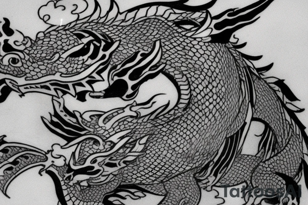 Placement: Shoulder sleeve
The dragon is a Japanese-style dragon tattoo with black scales, silver accents, sharp claws, and expressive eyes. Its head perches on your shoulder, and its body wraps around your arm in a spiral. The dragon's mouth is open as if it's roaring, and its tongue curls around your bicep.
The landscape: Snowy mountains in the distance, scattered pine trees, and a blue sky. The tallest peak is in the centre of the design, and the snow is piled high on the ground.
The details: Highly detailed scales with intricate patterns and shading, sharp claws, expressive eyes, and snowflakes with a crystalline appearance.
The colours: Dark green scales with gold accents, pale blue-grey mountains, various shades of green for trees, and pure white snow.
The movement The dragon's body curves around your arm in a spiral, with its head and tail meeting at your shoulder. Its wings are outstretched, causing snow on the ground to spray up dramatically. tattoo idea