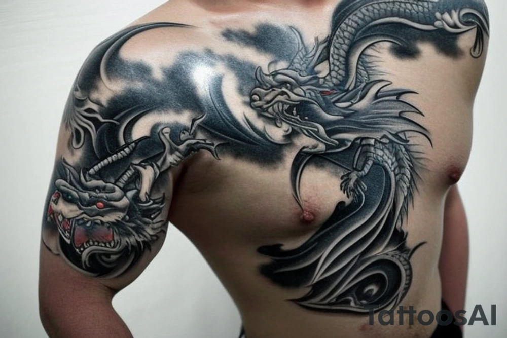 Placement: Shoulder sleeve
The dragon is a Japanese-style dragon tattoo with black scales, silver accents, sharp claws, and expressive eyes. Its head perches on your shoulder, and its body wraps around your arm in a spiral. The dragon's mouth is open as if it's roaring, and its tongue curls around your bicep.
The landscape: Snowy mountains in the distance, scattered pine trees, and a blue sky. The tallest peak is in the centre of the design, and the snow is piled high on the ground.
The details: Highly detailed scales with intricate patterns and shading, sharp claws, expressive eyes, and snowflakes with a crystalline appearance.
The colours: Dark green scales with gold accents, pale blue-grey mountains, various shades of green for trees, and pure white snow.
The movement The dragon's body curves around your arm in a spiral, with its head and tail meeting at your shoulder. Its wings are outstretched, causing snow on the ground to spray up dramatically. tattoo idea