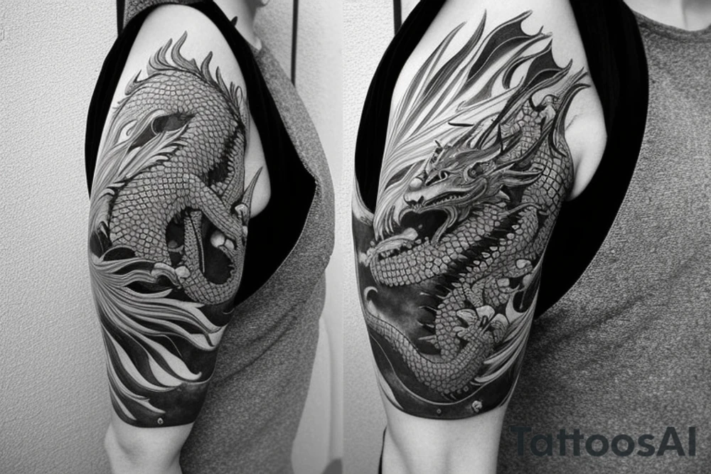 Placement: Shoulder sleeve
The dragon is a Japanese-style dragon tattoo with black scales, silver accents, sharp claws, and expressive eyes. Its head perches on your shoulder, and its body wraps around your arm in a spiral. The dragon's mouth is open as if it's roaring, and its tongue curls around your bicep.
The landscape: Snowy mountains in the distance, scattered pine trees, and a blue sky. The tallest peak is in the centre of the design, and the snow is piled high on the ground.
The details: Highly detailed scales with intricate patterns and shading, sharp claws, expressive eyes, and snowflakes with a crystalline appearance.
The colours: Dark green scales with gold accents, pale blue-grey mountains, various shades of green for trees, and pure white snow.
The movement The dragon's body curves around your arm in a spiral, with its head and tail meeting at your shoulder. Its wings are outstretched, causing snow on the ground to spray up dramatically. tattoo idea