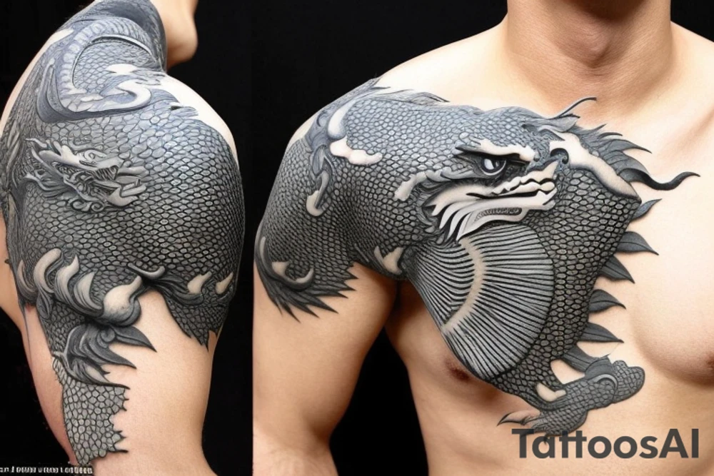 Placement: Shoulder sleeve
The dragon is a Japanese-style dragon tattoo with black scales, silver accents, sharp claws, and expressive eyes. Its head perches on your shoulder, and its body wraps around your arm in a spiral. The dragon's mouth is open as if it's roaring, and its tongue curls around your bicep.
The landscape: Snowy mountains in the distance, scattered pine trees, and a blue sky. The tallest peak is in the centre of the design, and the snow is piled high on the ground.
The details: Highly detailed scales with intricate patterns and shading, sharp claws, expressive eyes, and snowflakes with a crystalline appearance.
The colours: Dark green scales with gold accents, pale blue-grey mountains, various shades of green for trees, and pure white snow.
The movement The dragon's body curves around your arm in a spiral, with its head and tail meeting at your shoulder. Its wings are outstretched, causing snow on the ground to spray up dramatically. tattoo idea