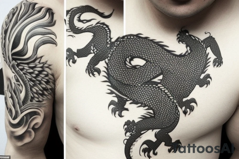 Placement: Shoulder sleeve
The dragon is a Japanese-style dragon tattoo with black scales, silver accents, sharp claws, long silky hair and expressive eyes. Its head perches on your shoulder, and its body wraps around your arm in a spiral. The dragon's mouth is open as if it's roaring, and its tongue curls around your bicep.
The landscape: Snowy mountains in the distance, scattered pine trees, and a blue sky. The tallest peak is in the centre of the design, and the snow is piled high on the ground.
The details: Highly detailed scales with intricate patterns and shading, sharp claws, expressive eyes, and snowflakes with a crystalline appearance.
The colours: Dark green scales with gold accents, pale blue-grey mountains, various shades of green for trees, and pure white snow.
The movement The dragon's body curves around your arm in a spiral, with its head and tail meeting at your shoulder. Its wings are outstretched, causing snow on the ground to spray up dramatically. tattoo idea